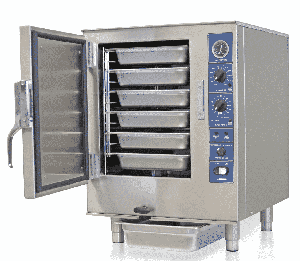 A commercial oven with six trays of food inside of it